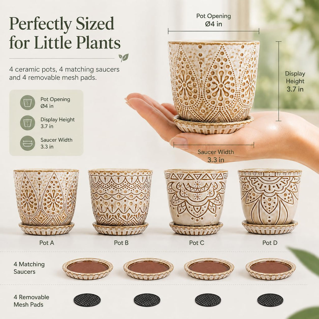 Gepege Ceramic Succulent Pots, 4 Inch Small Plant Pots with Drainage | Ceramic succulent pots with drainage holes