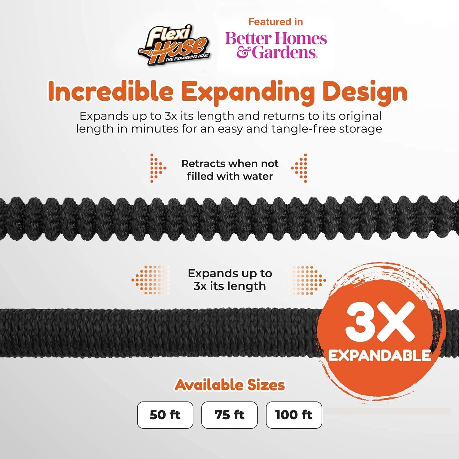 Flexi Hose Lightweight Expandable Garden Hose, 50FT - Retractable Garden Hose, Water Hose - No-Kink Flexibility, 3/4