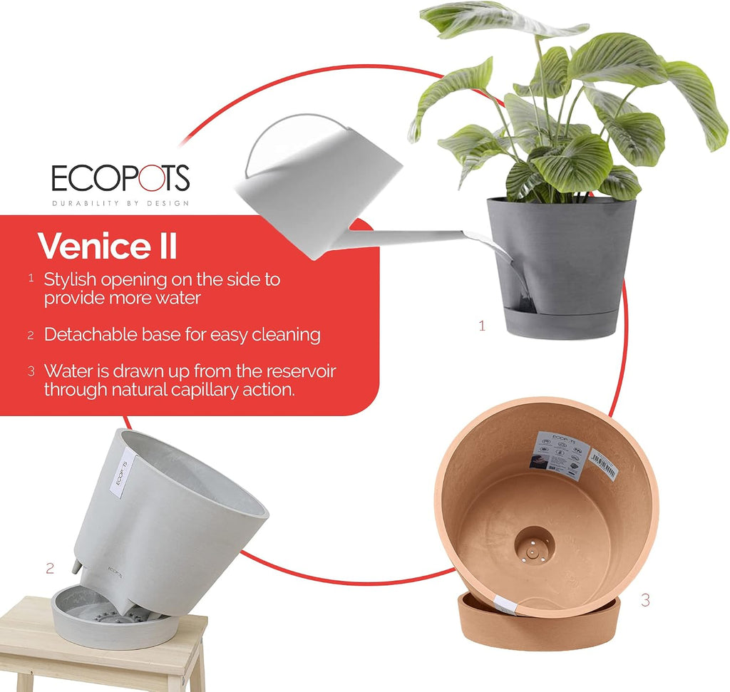 Ecopots Venice 2 Round Flower Planter with Water Reservoir, White Grey, 12" | Self-Watering, Modern Style, Durable