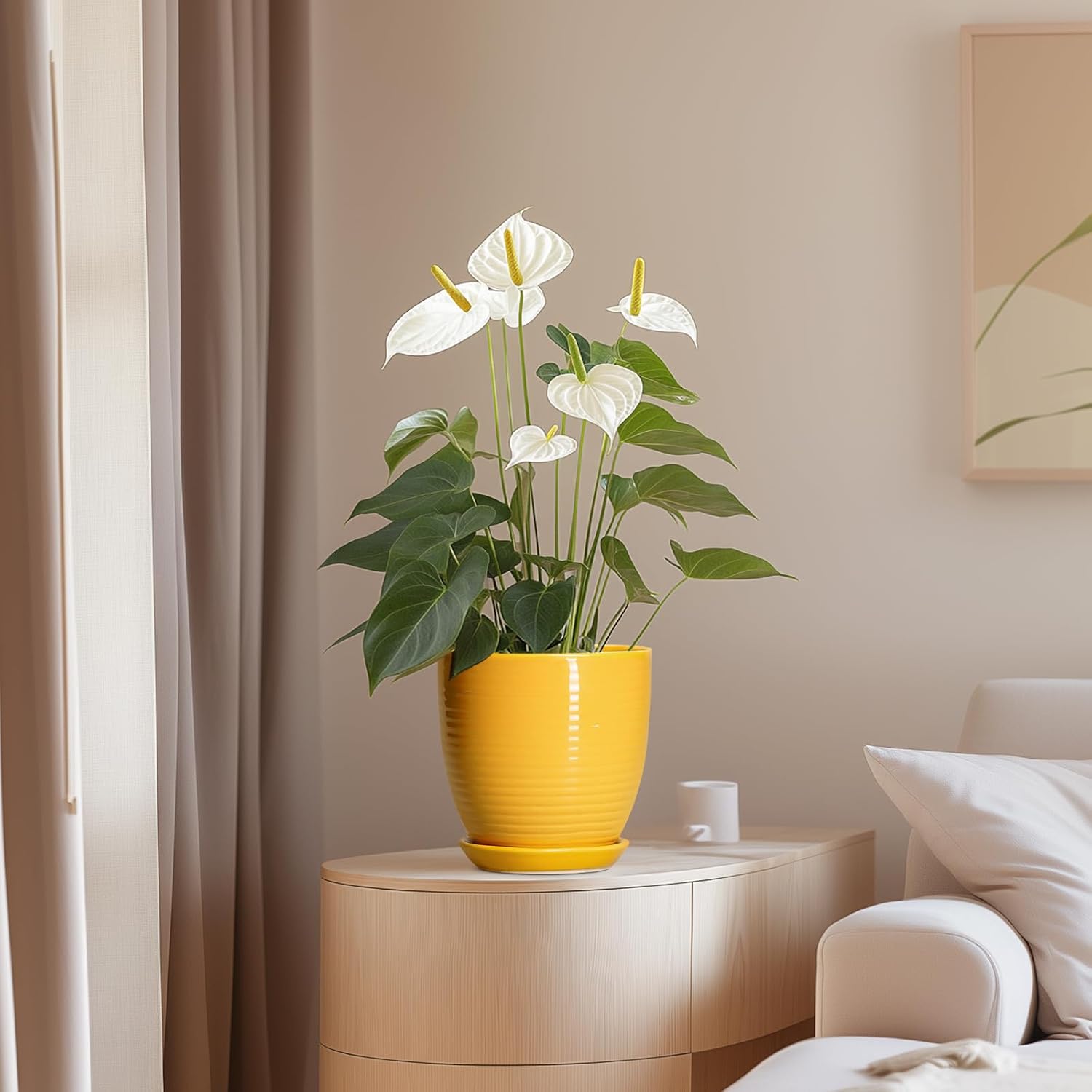 Ceramic Pots for Plants - 6 Inch Plant Pot for Indoor Plants, Ceramic Planter with Drainage Hole and Saucer, Round
