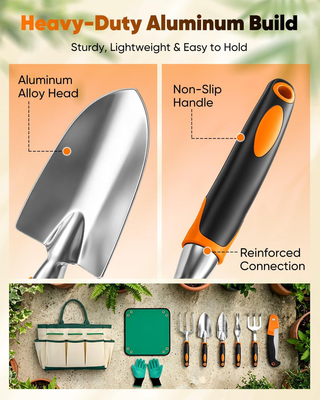Garden Tool Set Gardening Tools - Heavy Duty Aluminum Tool Kit with Non-Slip Handle, Gardening Gloves and Tool Bag for