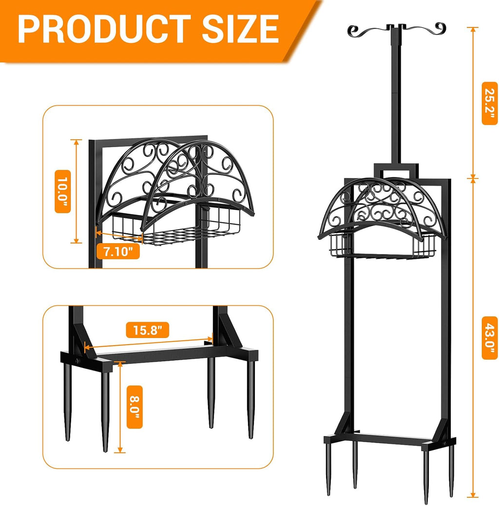 Garden Hose Holder with Shepherds Hooks - Freestanding Metal Water Hose Holder Stand Holds 160ft, Heavy Duty Garden