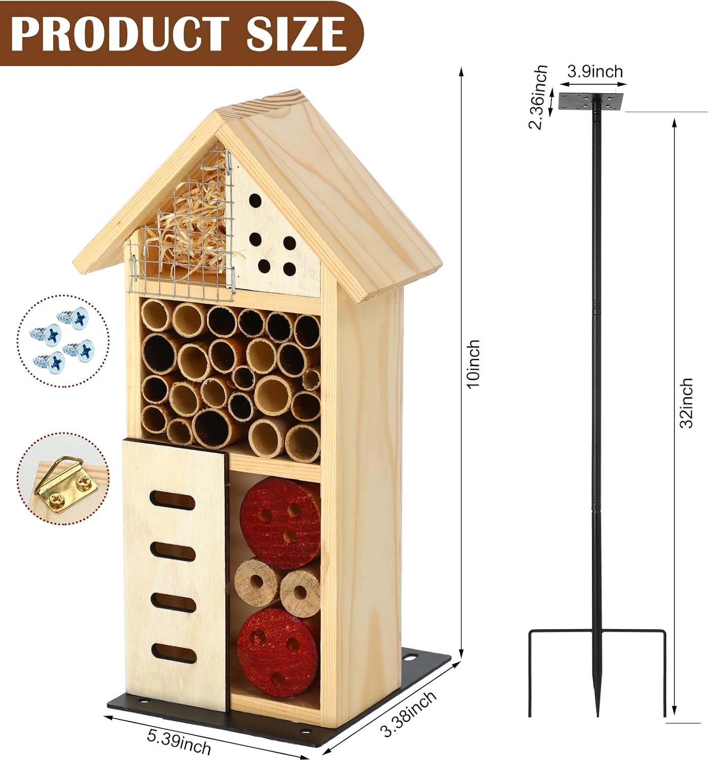 Novabright Wooden Insect House with Metal Stake Insect Hotel Bee House Natural Bug Habitat for Bee Butterfly Ladybirds