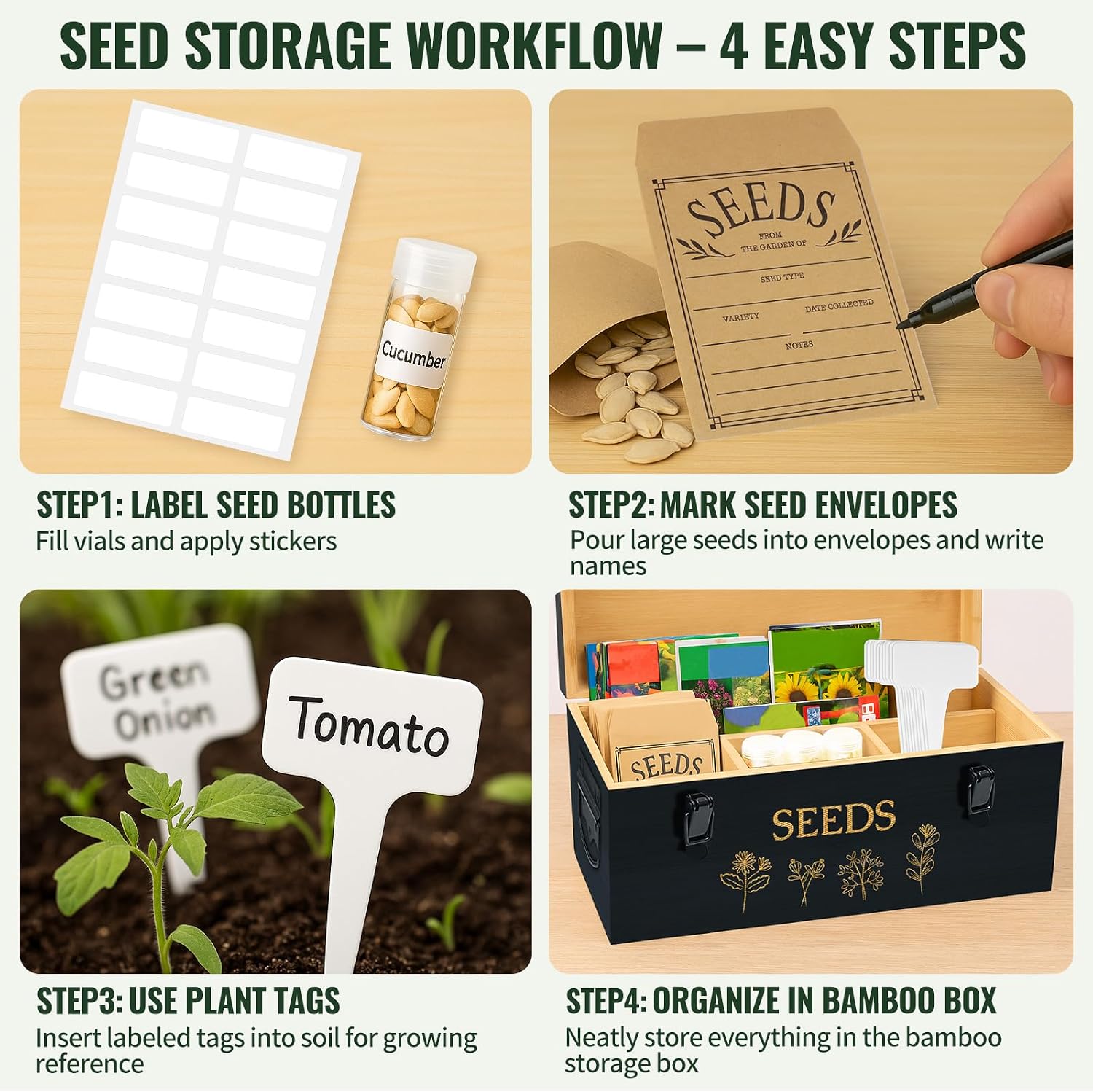 Large Bamboo Wood Seed Storage Organizer Box with Lid, Double-Layer Seal Design Seed Saving Box with Premium Coated