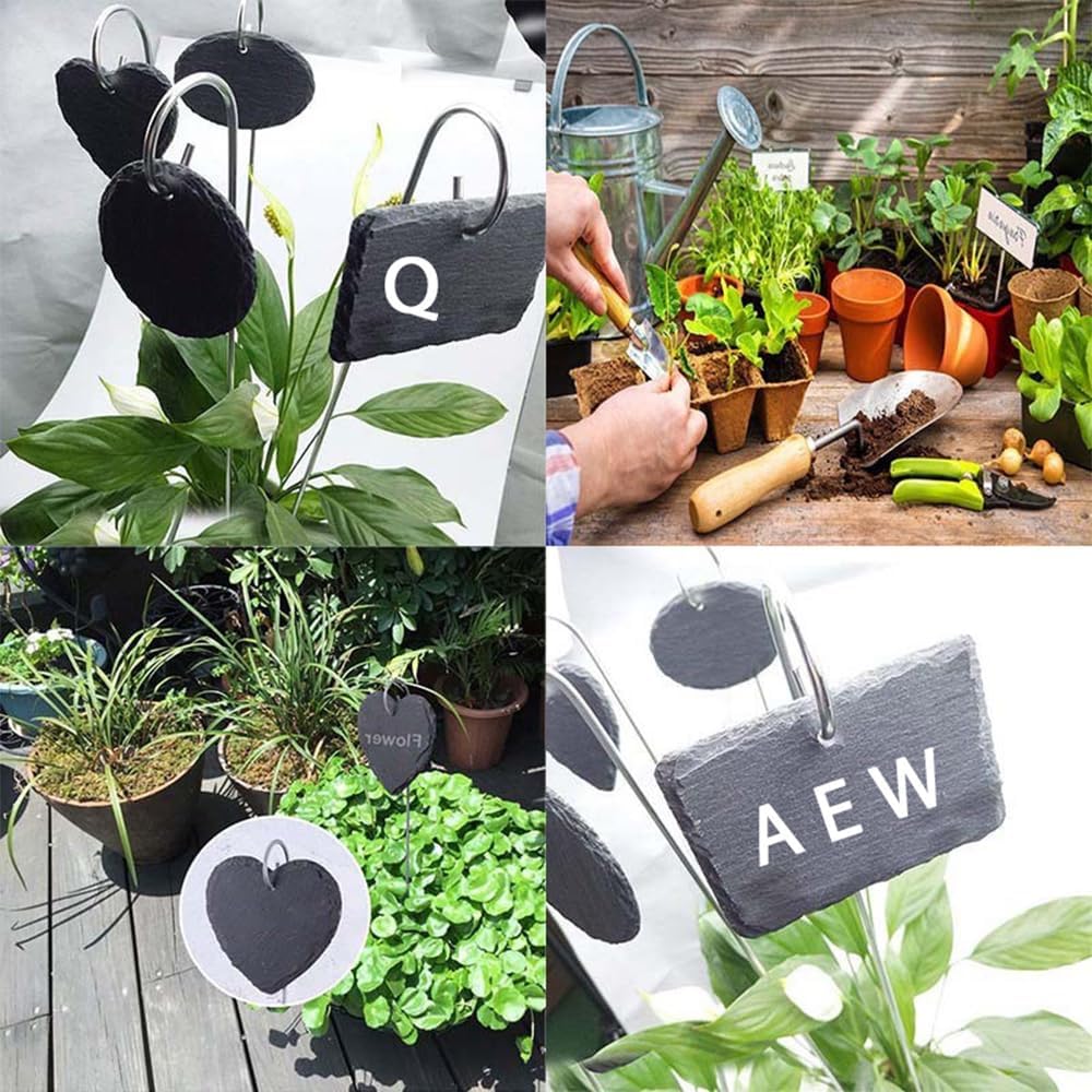 Slate Plant Labels Garden Markers Signs Labels with Stainless Steel Stake & Marker Pen Waterproof Slate Plant Labels