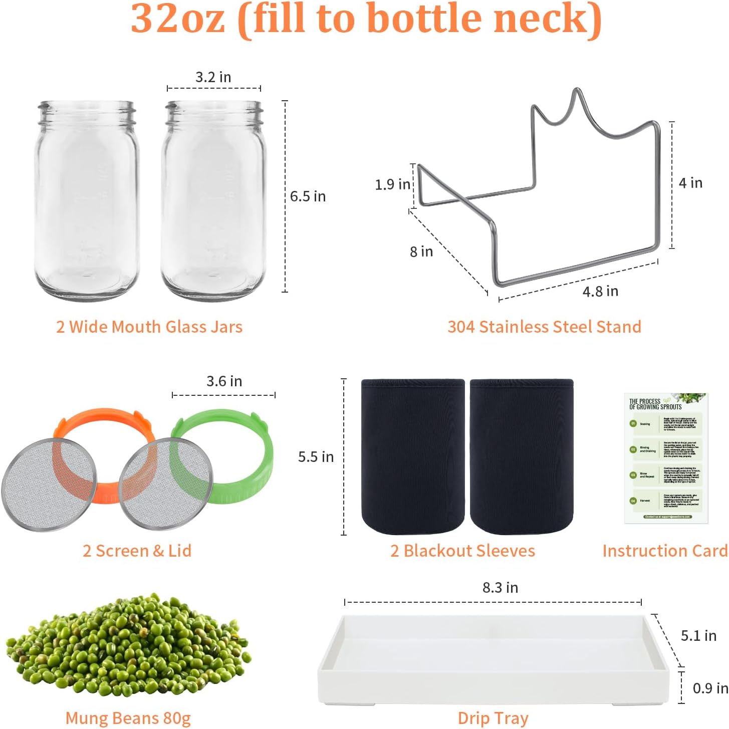 Seed Sprouting Kit with Mung Beans 80g, 2 Large Wide Mouth Mason Jars with Sprout Lids, Blackout Sleeves, Drain Tray