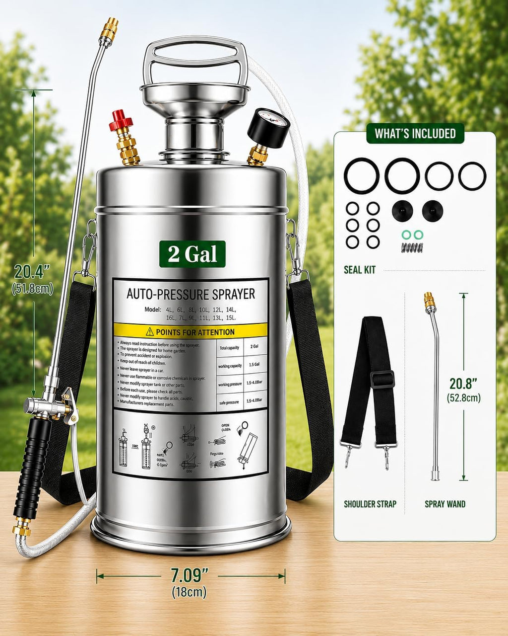 2Gal Stainless Steel Pump Up Sprayer Reinforced Hose, Hand Pump Sprayer with Pressure Gauge&Safety Valve, Adjustable