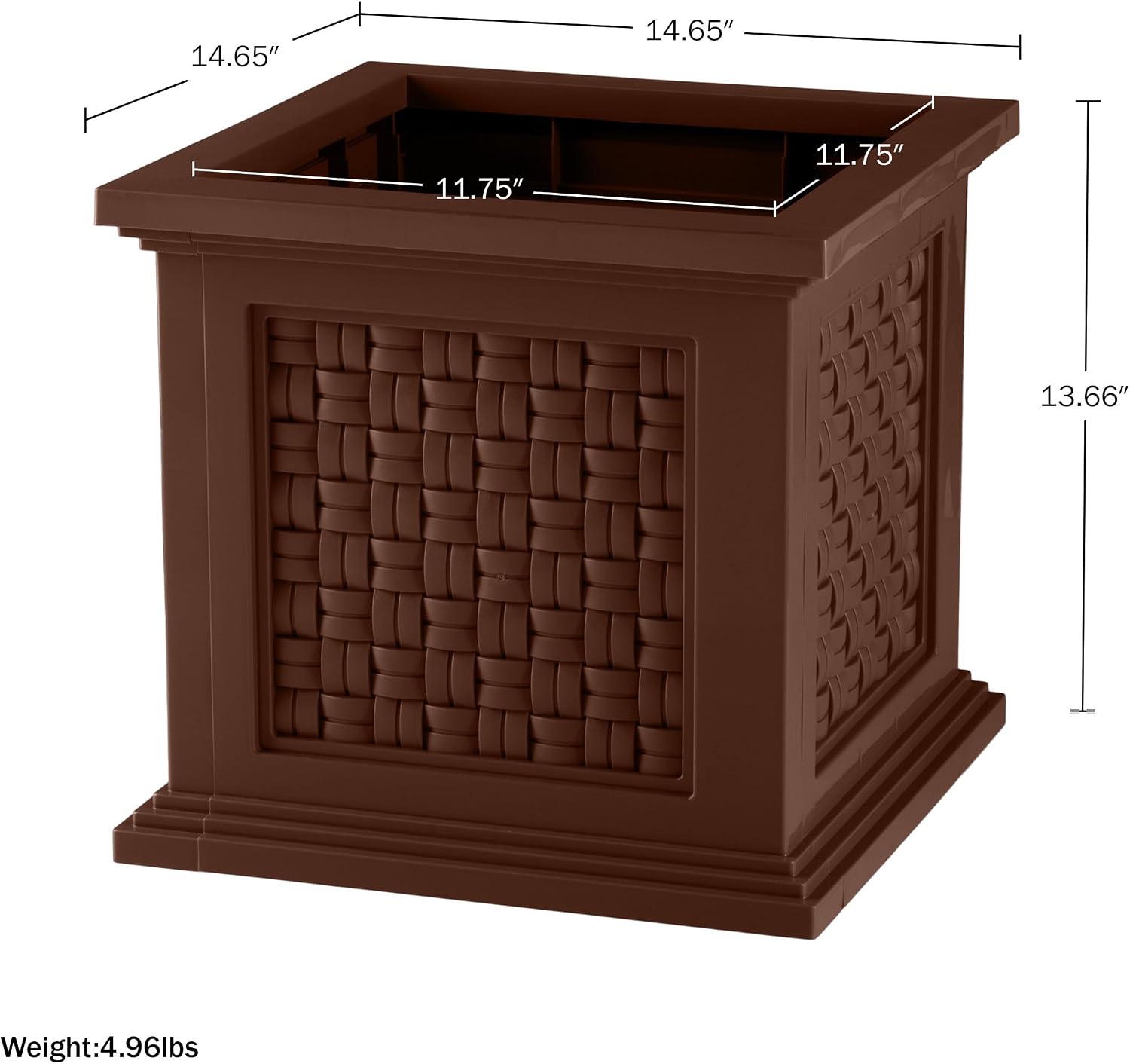 Rattan Style Outdoor Planter Box - 14.65-Inch-Square Decorative Flower or Plant Pot - Garden, Patio and Front Porch