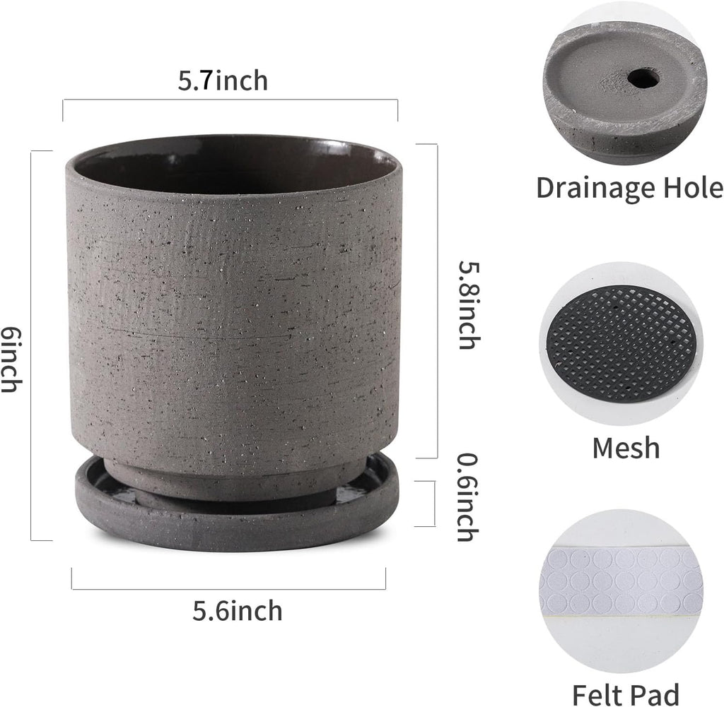 Nihow Ceramic Plant Pot Drainage Hole & Saucer for Indoor Plants, 5.7 Inch | Charcoal Gray, Cylinder Planters, Art