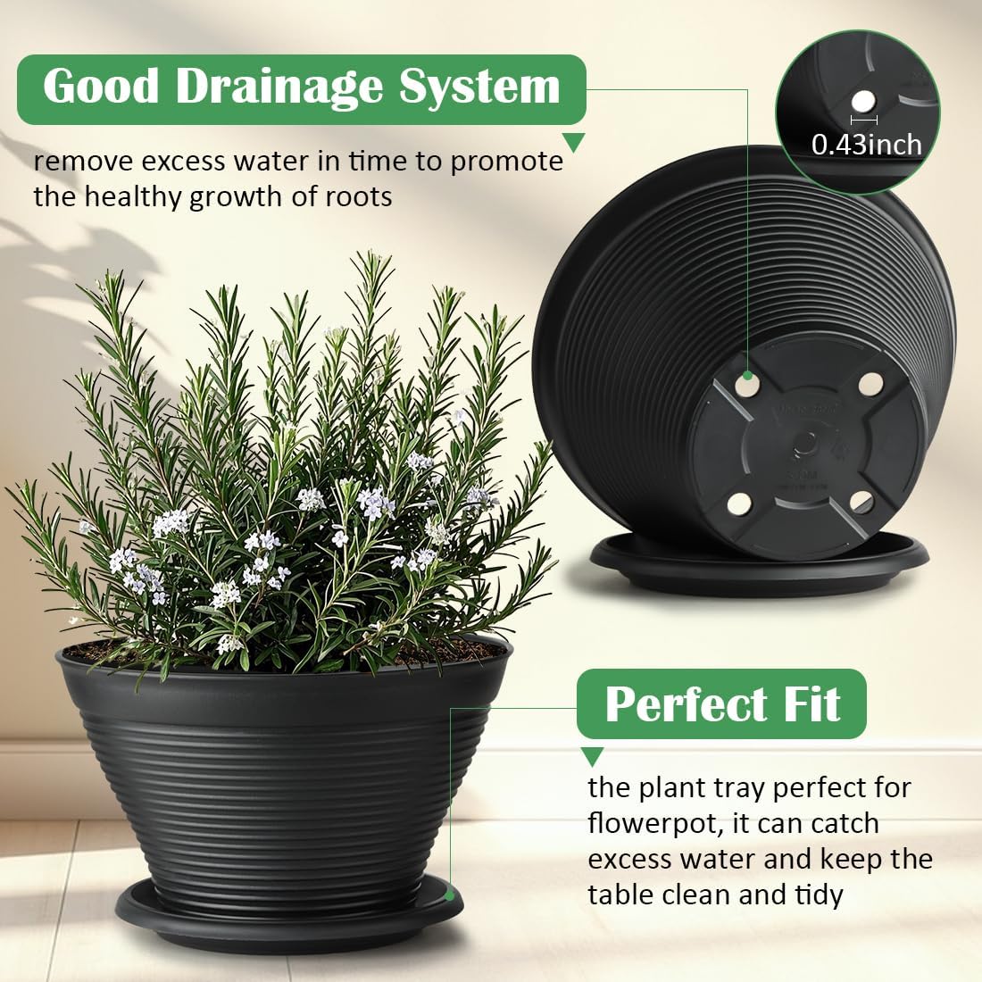 RooTrimmer 5 Pack 10 Inch Plant Pots with Saucers, Plastic Flower Pots with Drainage Holes, Large Planters for Indoor