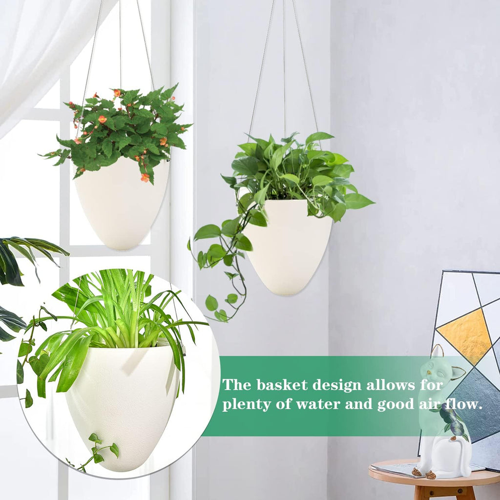Sungmor 3 Pack Plastic Self Watering Hanging Planters - Eggshell Shape | Indoor Outdoor Hanging Pots for Plants, Modern