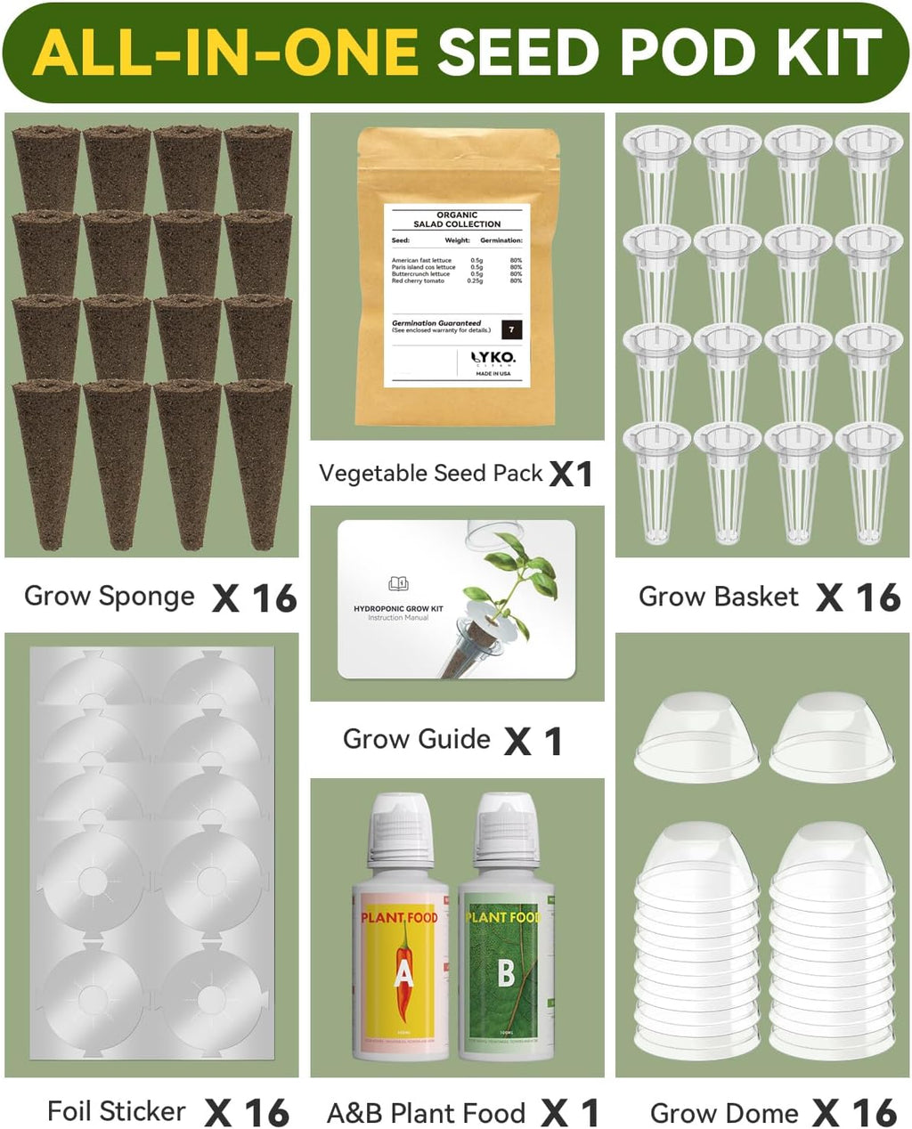 LYKOCLEAN Vegetable & Salad Green Seed Pod Kit for Aerogarden, (16 Pods) Ahopegarden, iDOO – Non-GMO American Fast