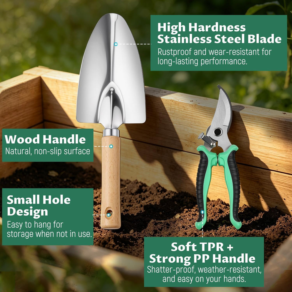 Gardening Tool Set, Heavy Duty Stainless Steel Hand Tools with Wooden Handles, Storage Tote Bag, Ergonomic Design