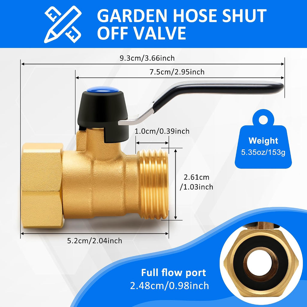 Brass Garden Hose Shut Off Valve with Full-Flow Design – Heavy Duty 3/4" GHT Nozzle Connector, 304 Stainless Steel
