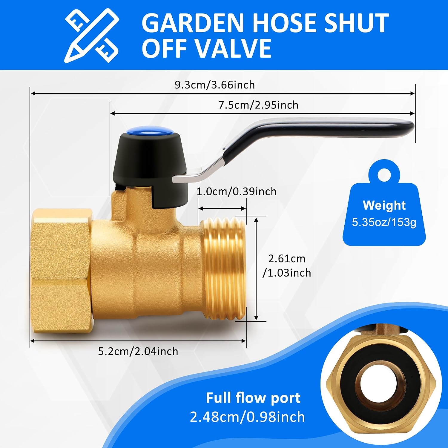 Brass Garden Hose Shut Off Valve with Full-Flow Design – Heavy Duty 3/4" GHT Nozzle Connector, 304 Stainless Steel