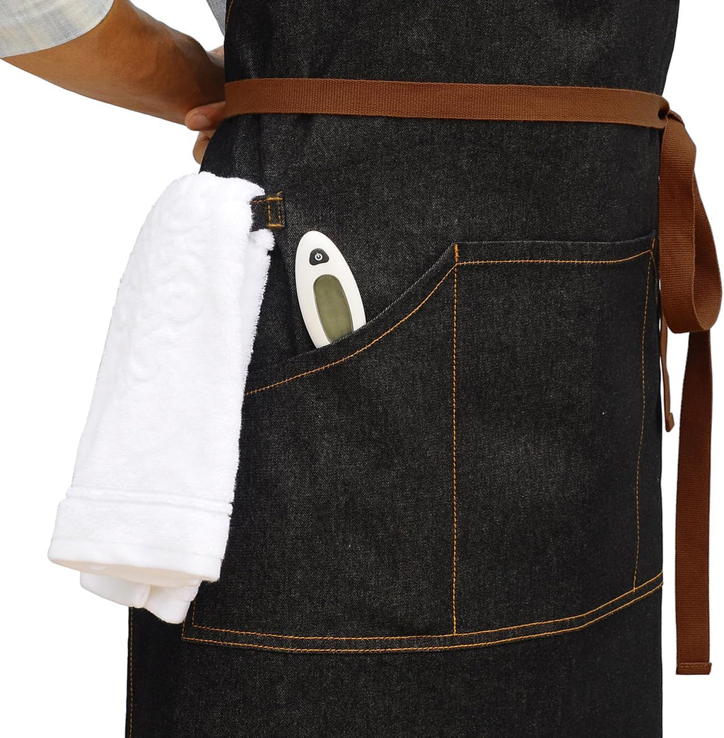 Black Kitchen Apron with Pockets & Towel Loop for Men Women, Denim | Professional for Chef Cooking BBQ Grill Gardening