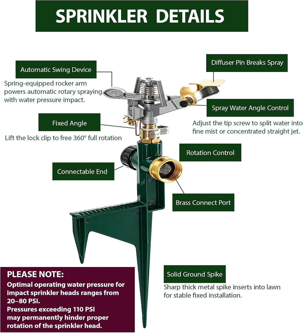 BIGWAVE 2 Packs Spike Sprinklers for Yard, 360 Degree Adjustable Impact Sprinkler on Metal Step Spike Base, Zinc Alloy