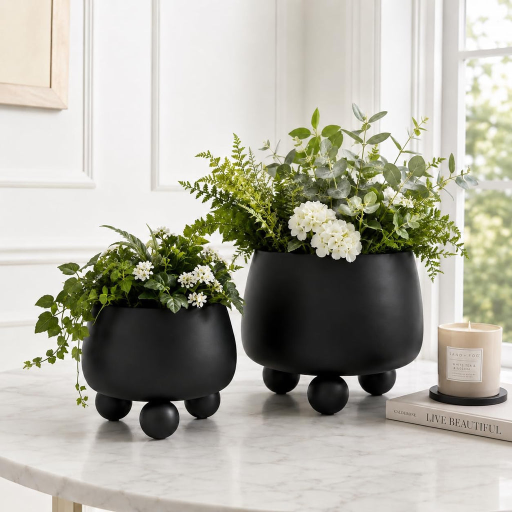 Chic Black Flower Pots and Planters for Indoor Plants Set – Glam Ceramic Planter Set with Modern Design for Home Decor