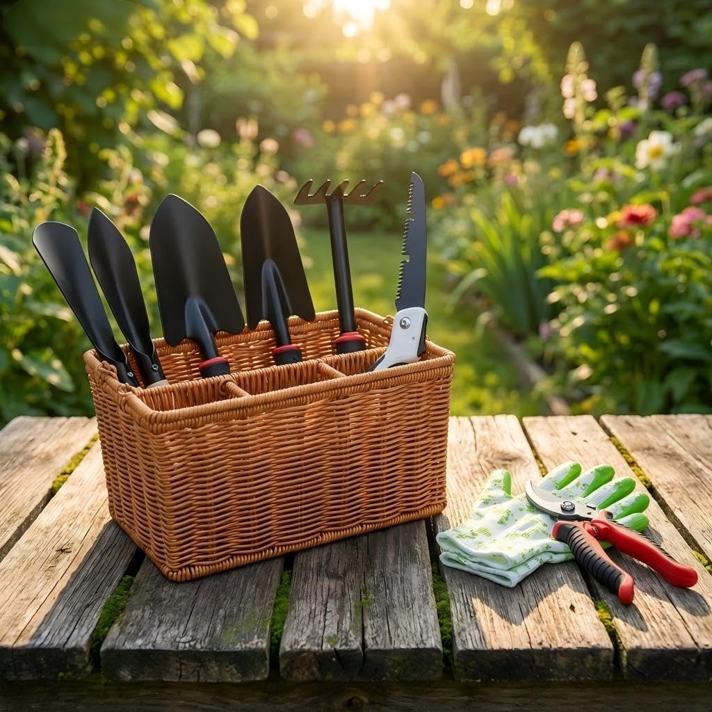 Garden Tools Set, 9 Pieces, Brown | Heavy Duty Stainless Steel, Includes Basket, Pruning Shears, Gloves Included, For
