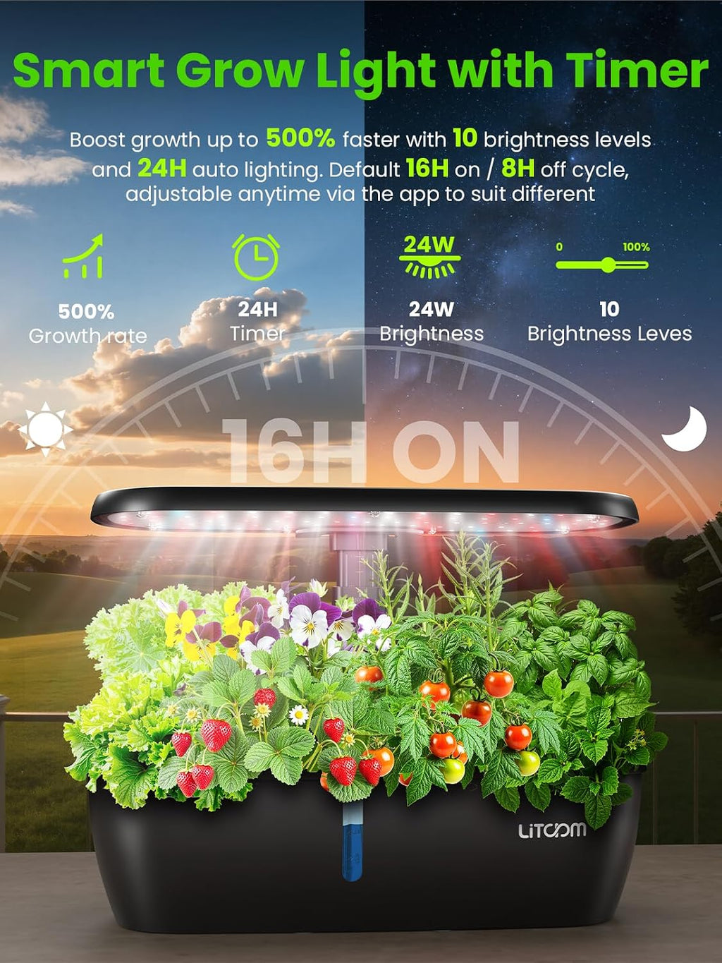 litokam Hydroponics Growing System Kit, 15-Pod Indoor Herb Garden Planter with 24W Grow Light & APP Control, Indoor