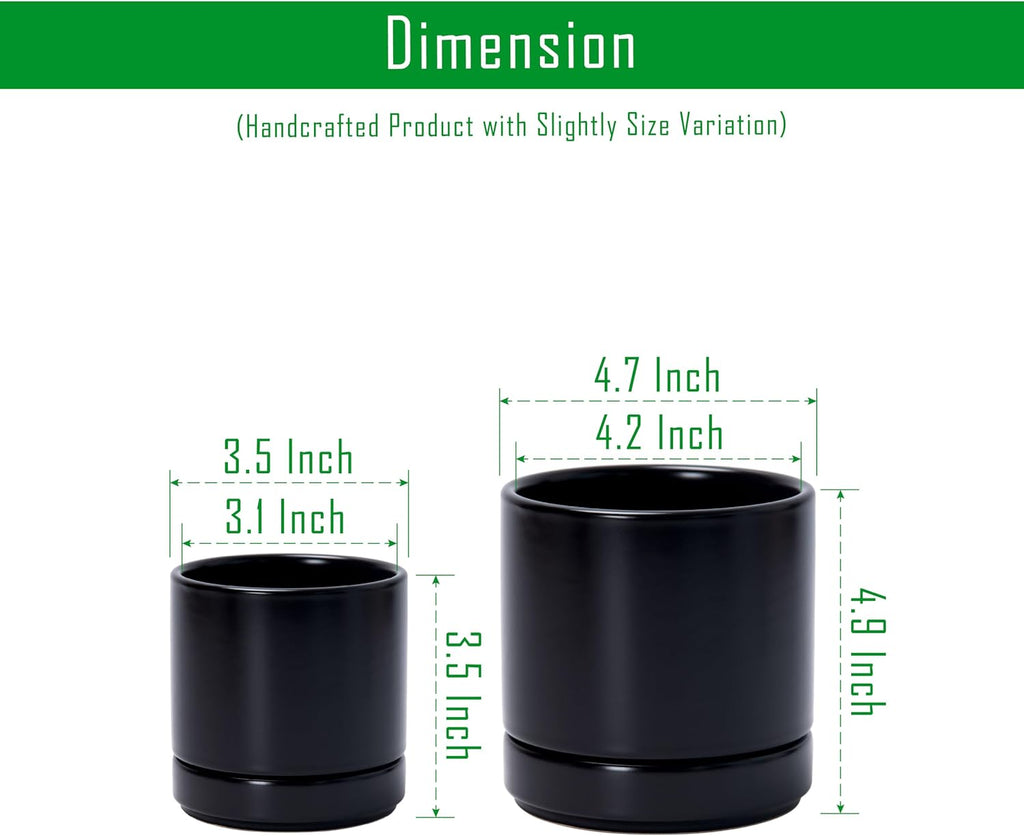 D'vine Dev 2-Pack Ceramic Pots & Saucers, Black, 3.5/4.7 in, 94-G-XS-2 | Glazed Ceramic, Drainage Hole, Perfect-Fit