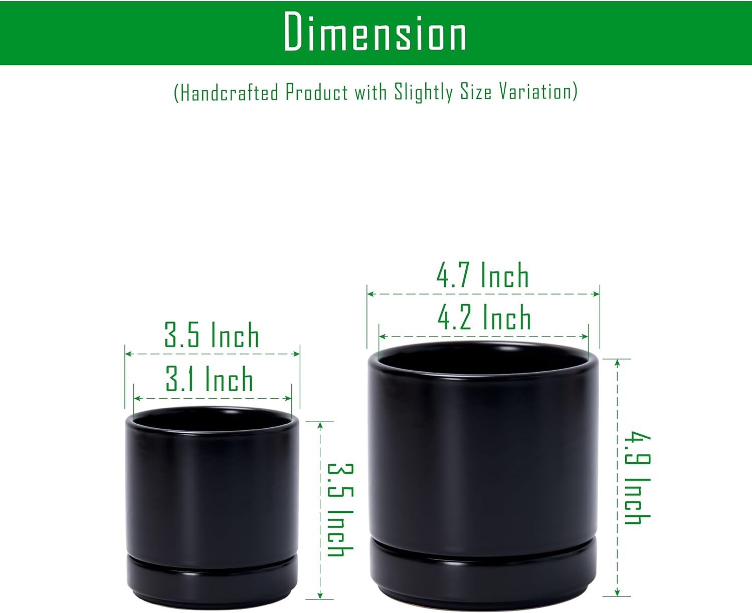 D'vine Dev 2-Pack Ceramic Pots & Saucers, Black, 3.5/4.7 in, 94-G-XS-2 | Glazed Ceramic, Drainage Hole, Perfect-Fit