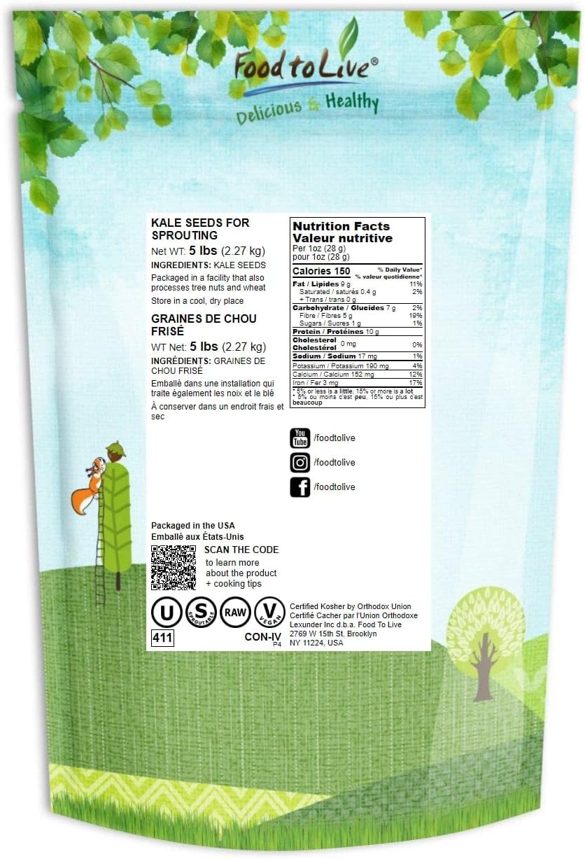Kale Seeds, 5 Pounds – Great for Sprouting and Planting, High Germination Rate, Non-Irradiated, Kosher, Vegan, Bulk