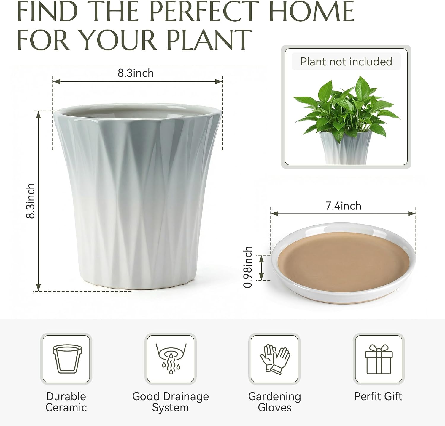 8.3 Inch Ceramic pots for Plants with Saucer Drainage Leak-Proof Mesh, Round Plant Pot with Gardening Gloves for Indoor