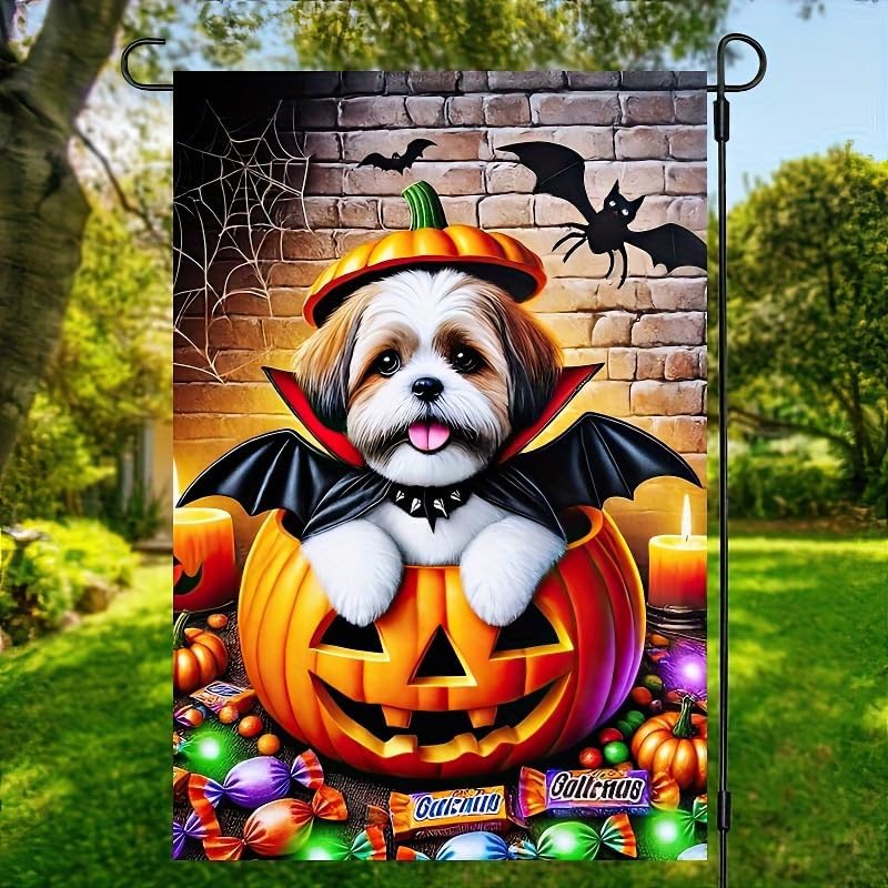BlissYard Garden Flag Dog Pumpkin Witch Hat 12x18 Inch Polyester