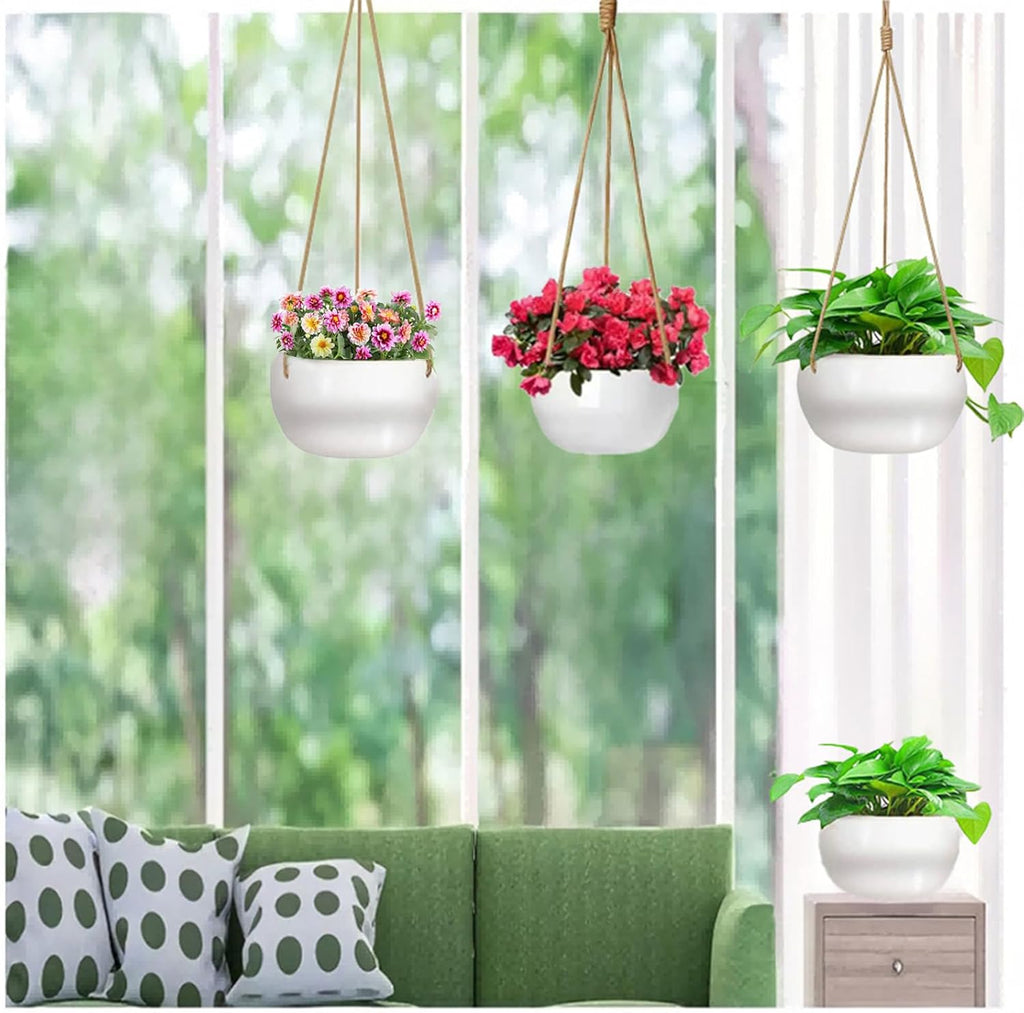 Ceramic Hanging Planters for Indoor Outdoor Plants,8 in Modern Plant Pot Round Porcelain Hanger Basket with Rope