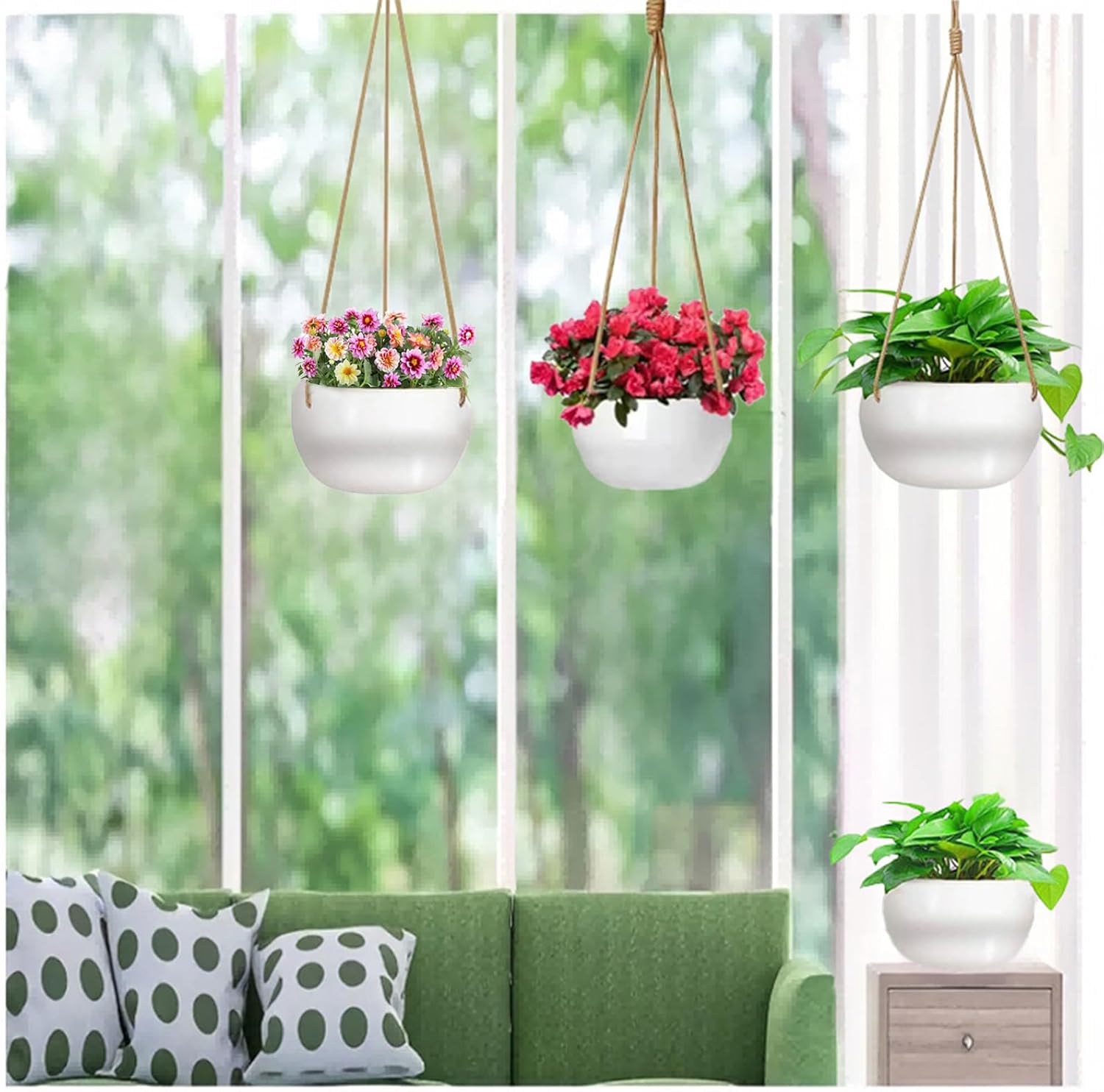 Ceramic Hanging Planters for Indoor Outdoor Plants,8 in Modern Plant Pot Round Porcelain Hanger Basket with Rope