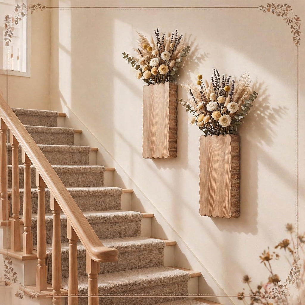 2 Pack Scalloped Wood Wall Planter Vases Rustic Hanging Pocket Planters for Indoor Fake Plants & Dried Flowers Modern