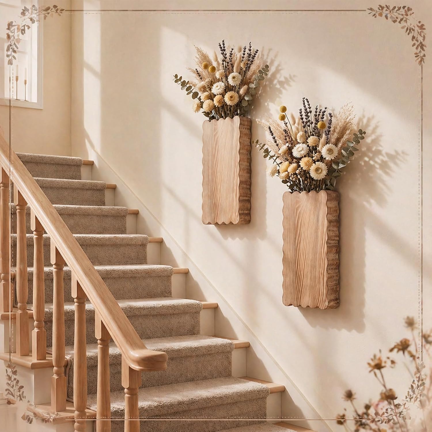 2 Pack Scalloped Wood Wall Planter Vases Rustic Hanging Pocket Planters for Indoor Fake Plants & Dried Flowers Modern