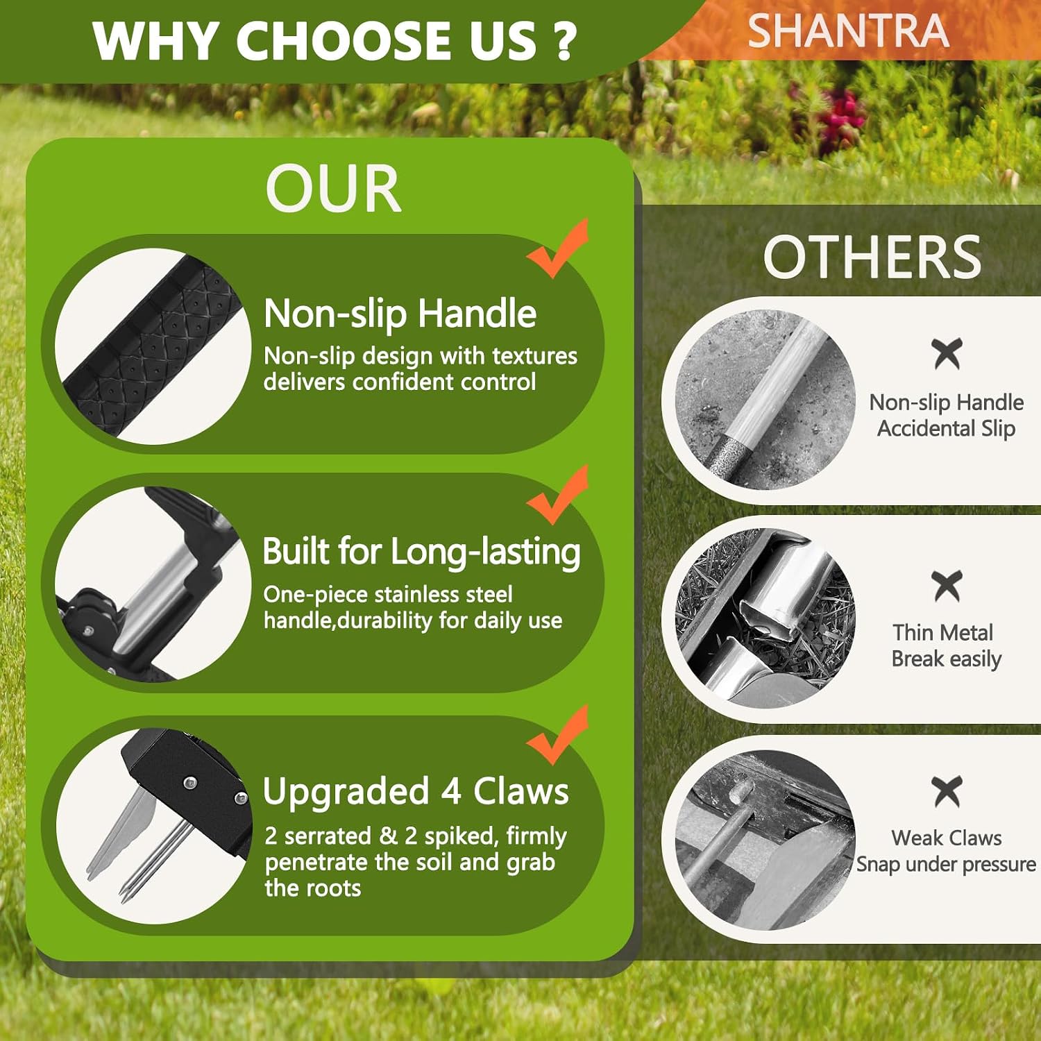 SHANTRA Weed Puller Tool, 4-Claw Stand Up Weed Puller Tool with Long Handle, Adjustable Weeder Puller Heavy Duty Stand