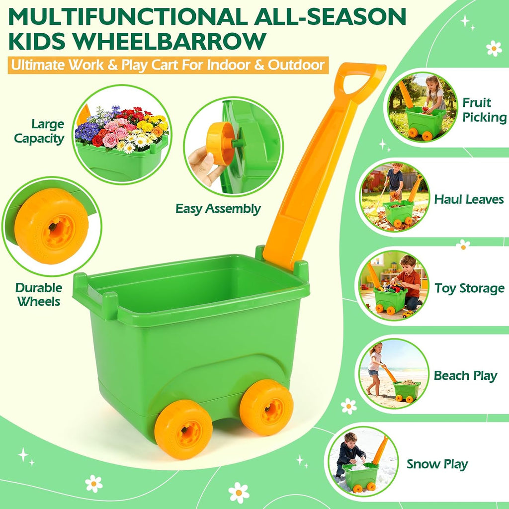 FHOZGECY Kids Gardening Set with Wheelbarrow and Metal Tools for Ages 3-8 | Dual-Size Metal Garden Tools, Apron