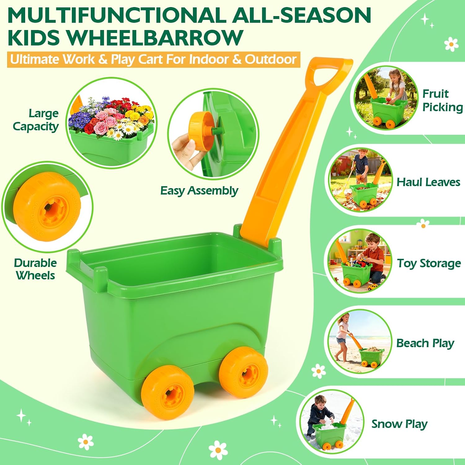 FHOZGECY Kids Gardening Set with Wheelbarrow and Metal Tools for Ages 3-8 | Dual-Size Metal Garden Tools, Apron