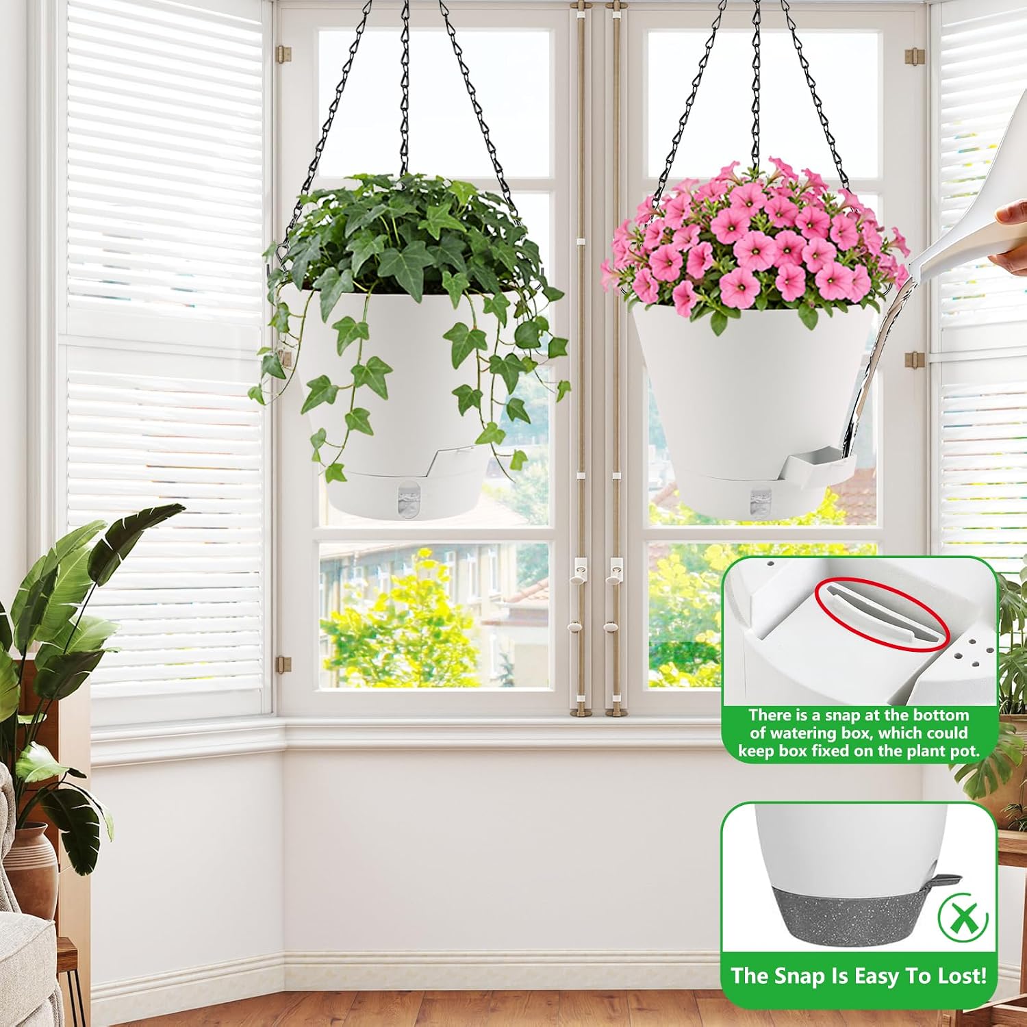 8 Inch Hanging Planters Indoor Outdoor, 3 Pack Plastic Self Watering Plant Pots with Drainage Holes & Saucers, Hanging