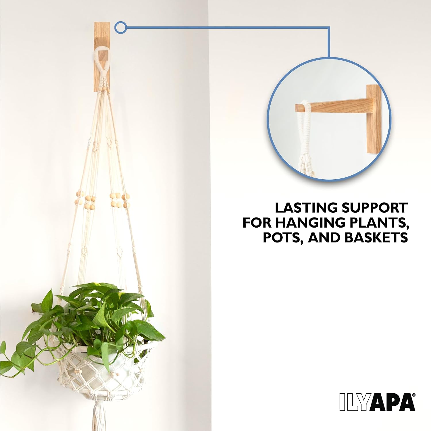 Ilyapa 2 Pack Wood Plant Wall Hanger Hooks, 9 Inch, Indoor Wall Planters | For Hanging Plants, Baskets & Macrame
