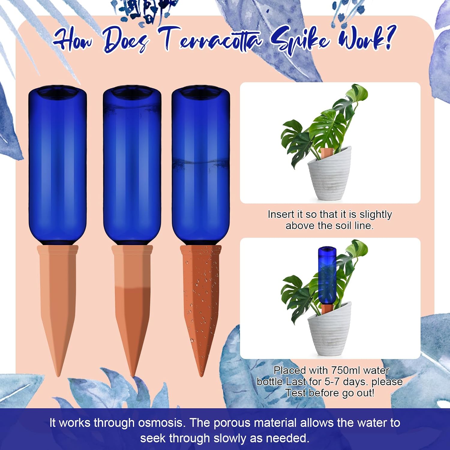 SiliFine 3 Sets Terracotta Watering Spikes,Blue and Terracotta | 26 oz Bottles for Slow Release Watering, Self Watering