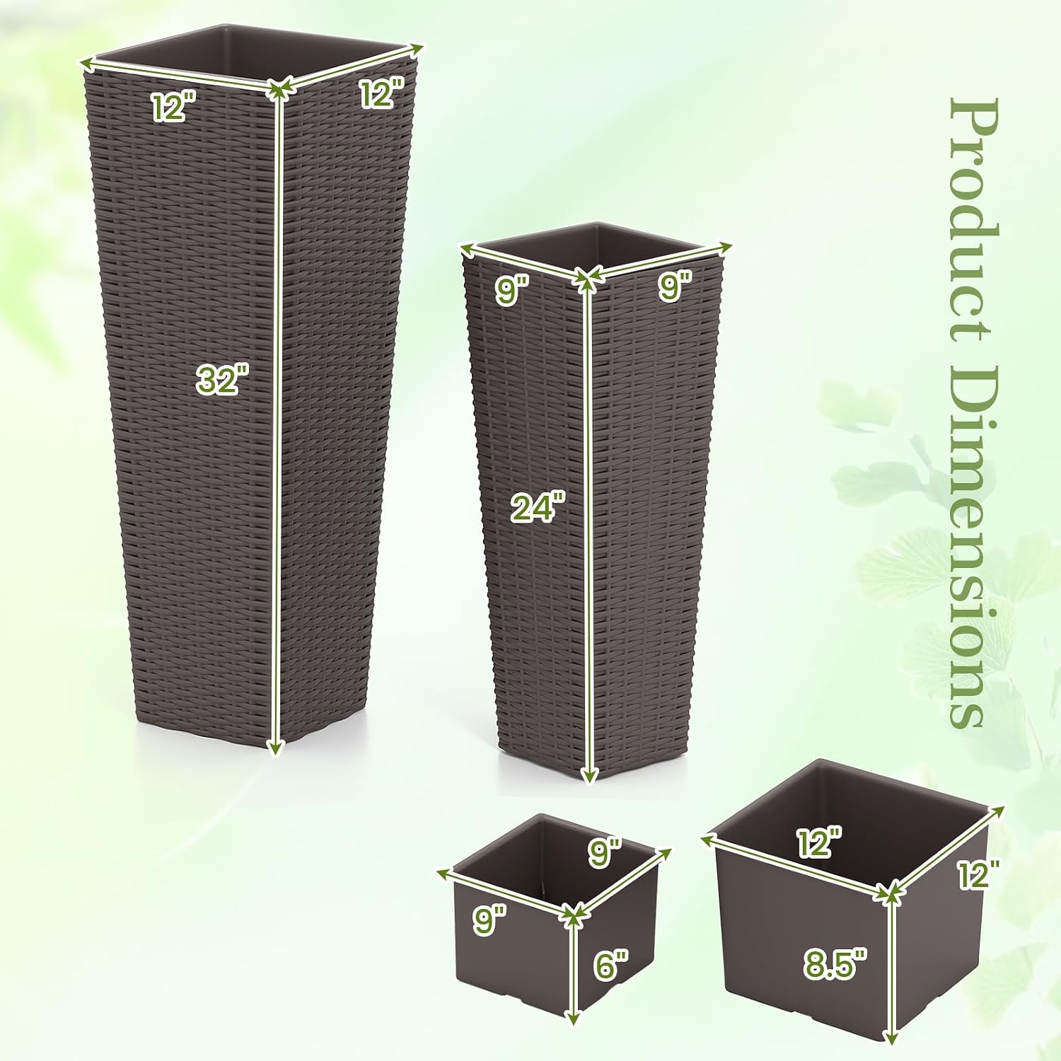 GIANTEX Planters for Outdoor Plants Set of 2, 32" & 24" Tall Tapered Plants | Inner Trays, Drainage Holes, Decorative