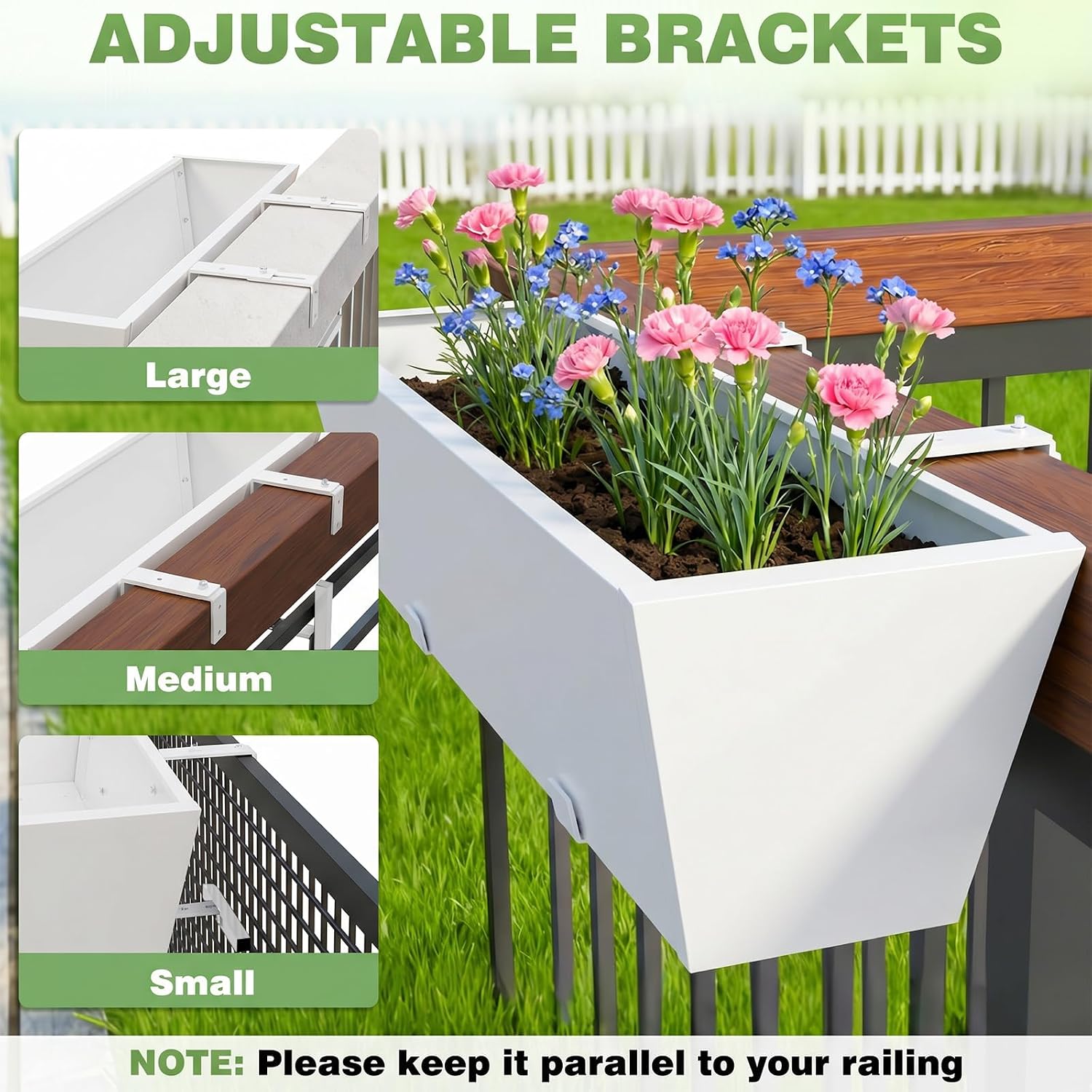 Railing Planter for Outdoor Plants 36'' Metal Hanging Flower Pot with Adjustable Brackets & Drainage Railing Planter