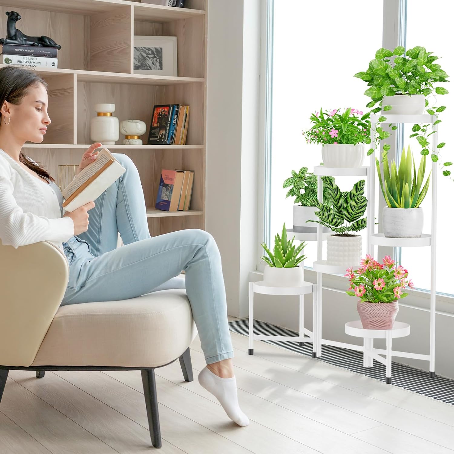 iDavosic.ly Plant Stand Indoor Outdoor, 8 Tier Metal Corner Shelf, White | Tiered Flower Display Holder, Folding Multi