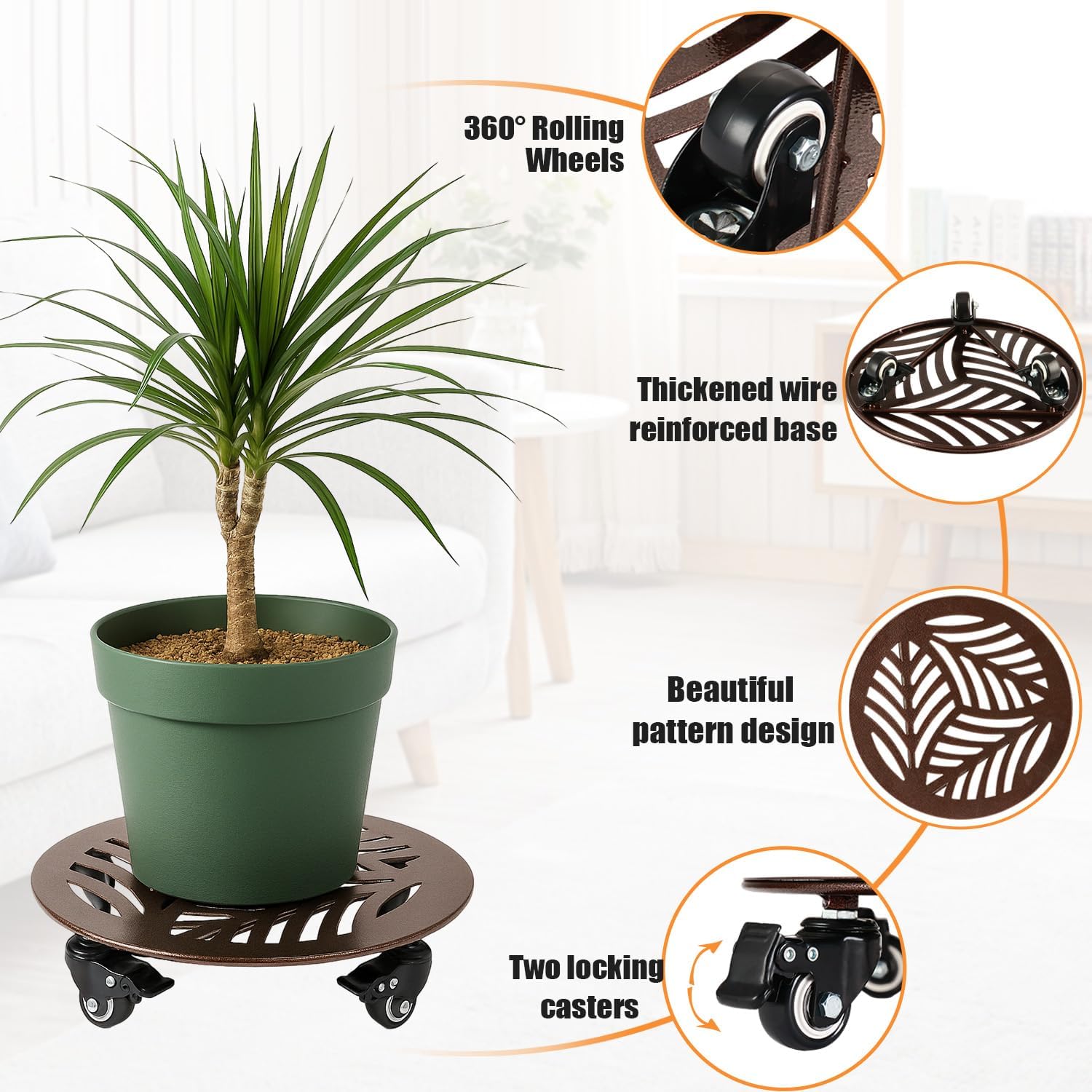 2-Pack Large Metal Plant Caddy with 3 Wheels 12 Inches Heavy-duty Rolling Plant Stands with Casters Wheeled Flower Pot