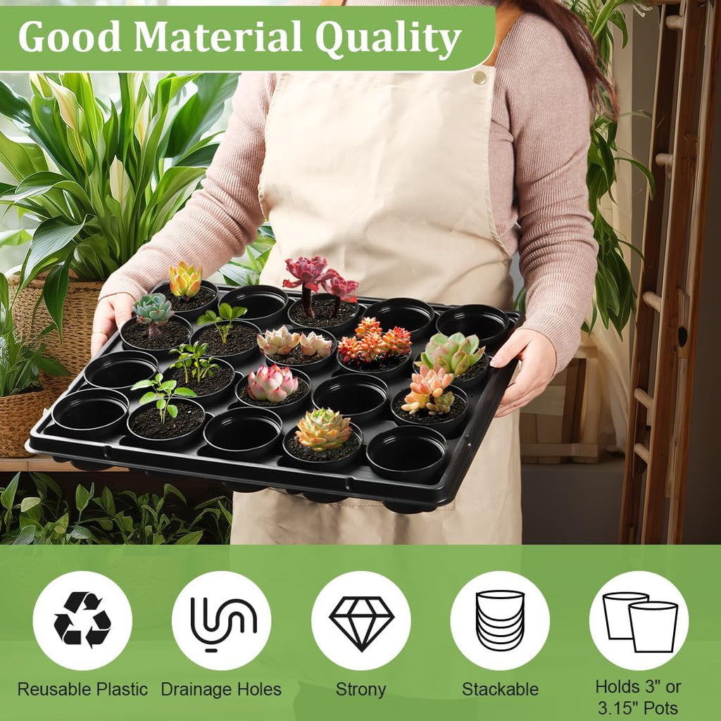 RooTrimmer 3 Inch Plastic Plant Pots 100 Pcs with 5 Pcs 20 Cell Seed Starter Trays, Thick Black Small Nursery Pots and
