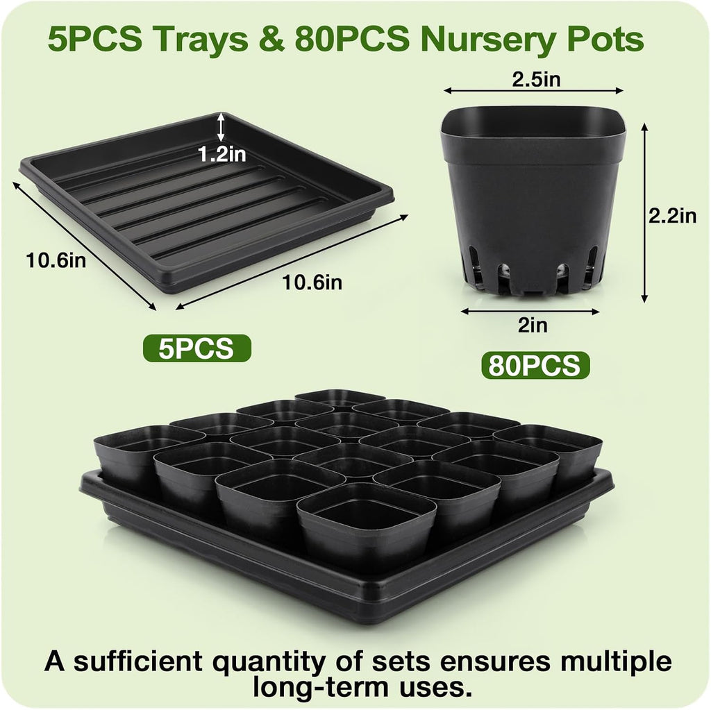80Pcs 2.5inch Square Nursery Pots with 5Pcs Seed Starting Trays, Seed Starter Tray Kit, Seeds Starting Germination