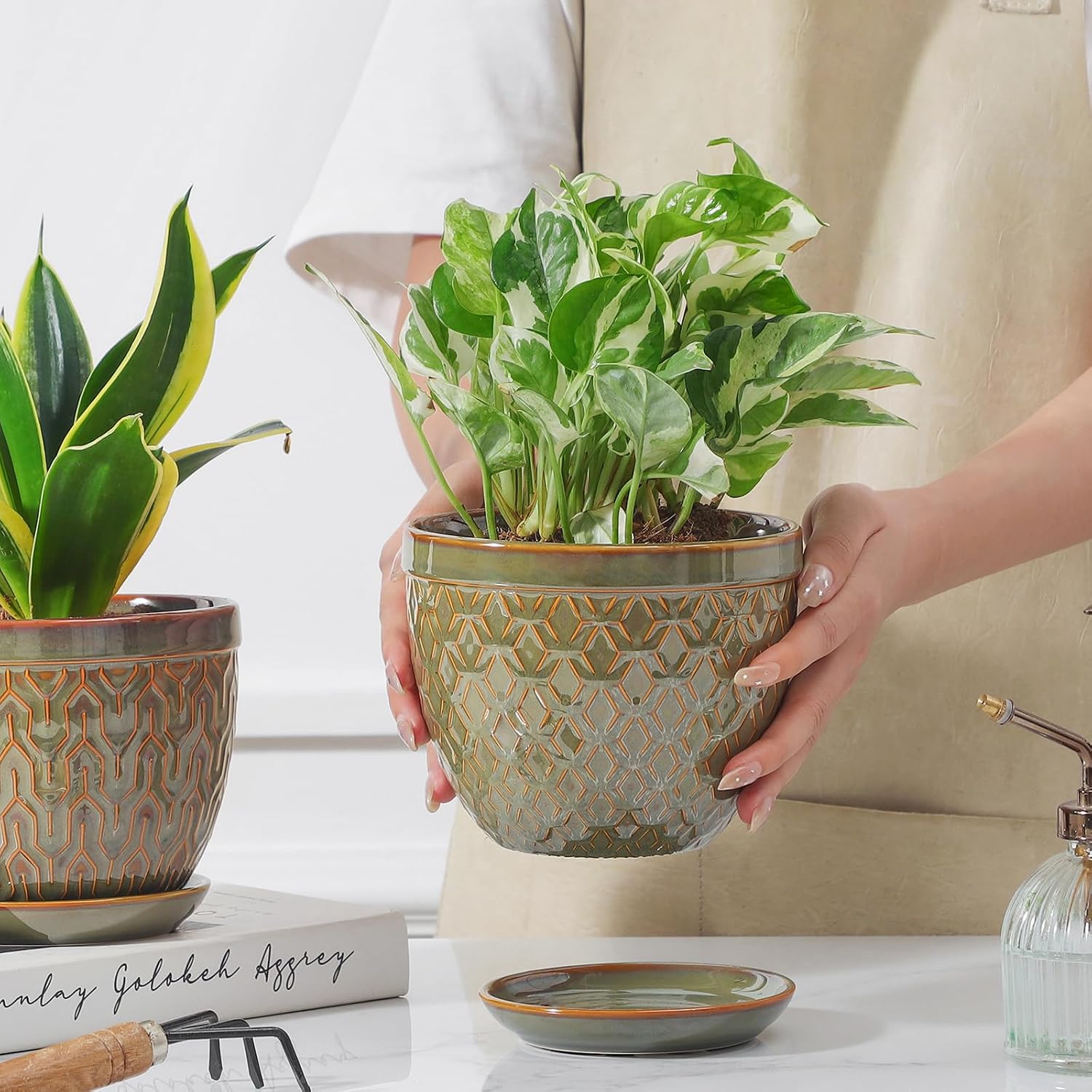 Sureasy Ceramic Indoor Plant Pots, 5.6 Inch Flower Pots for Plants with Drainage Hole and Saucer, Embossed Planter for