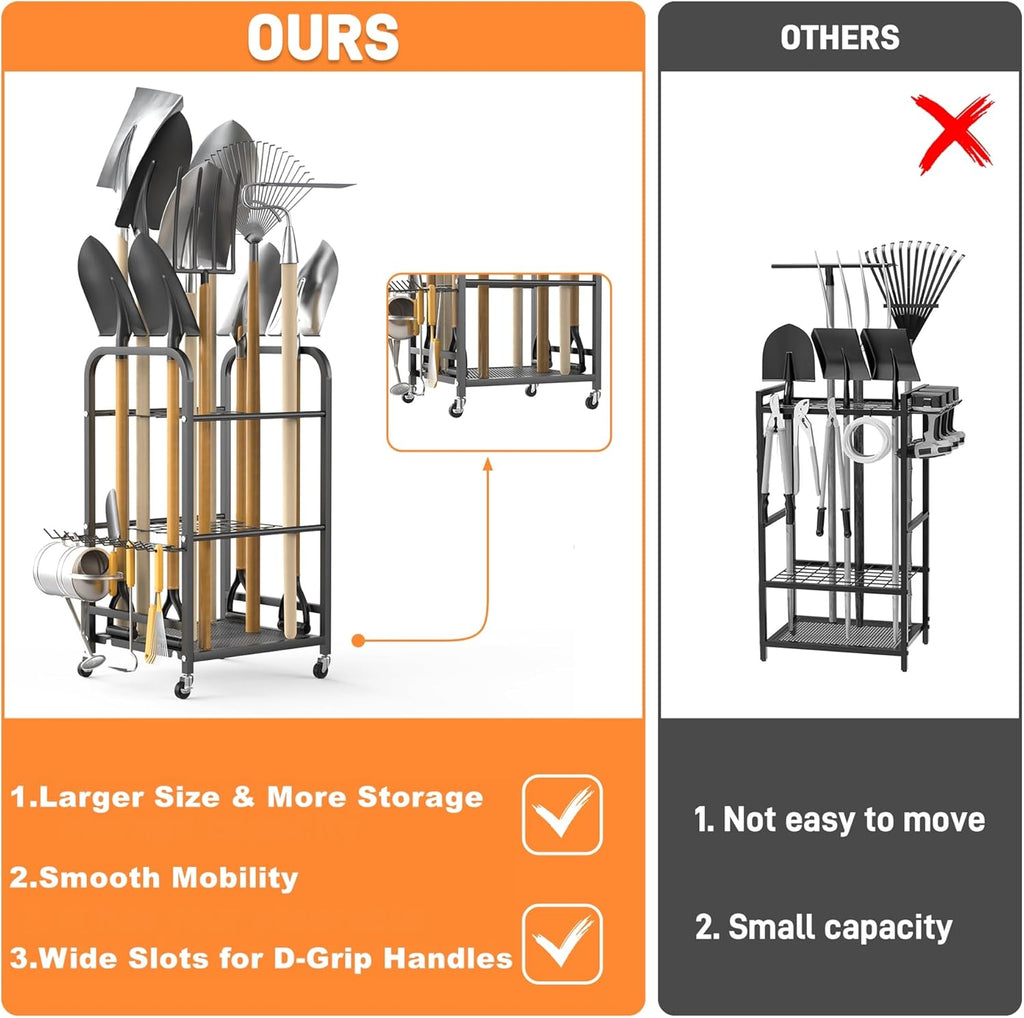 TORACK Garden Tool Organizer Stand with Wheels, Rakes Shovels Yard Tools Stand for Garage, Shed, Garden, Indoor/Outdoor