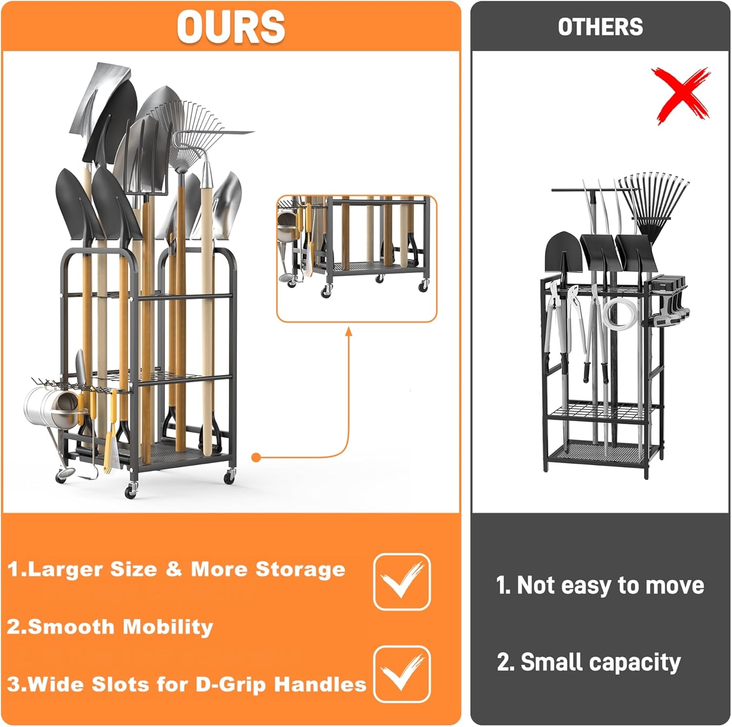 TORACK Garden Tool Organizer Stand with Wheels, Rakes Shovels Yard Tools Stand for Garage, Shed, Garden, Indoor/Outdoor