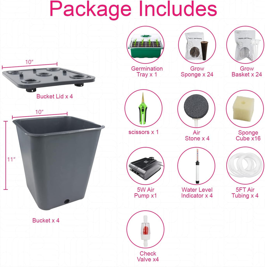 4 Hydroponic Buckets Kit for Plants, Hydroponics Growing System for Herbs/Tomato/Vegetables, DWC System with Air Pump &