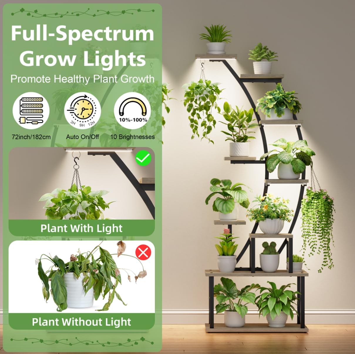 2 Pack Plant Stand Indoor with Grow Lights, 9 Tier Large Tall Plant Shelf | 64" Metal Lighted Plant Stands for Indoor